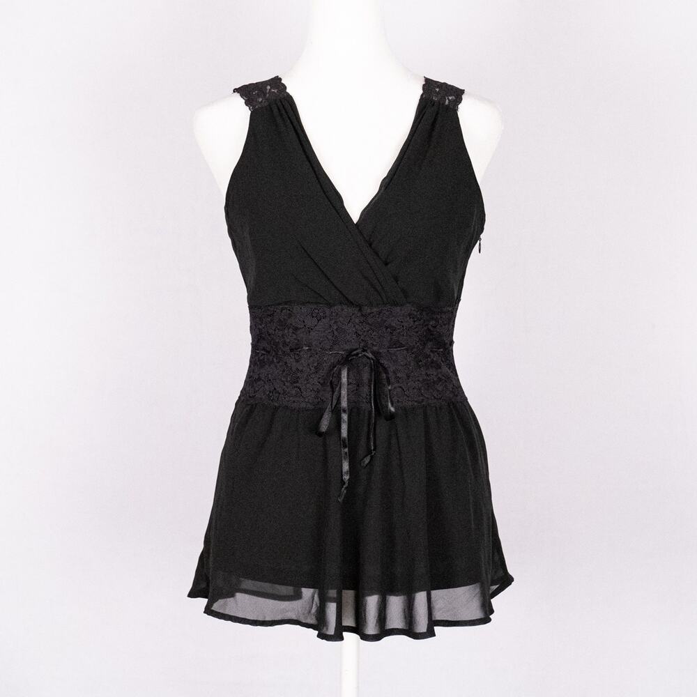 Y2K ESPRIT Black Babydoll Top Size 6 Lace Dark Fairy Whimsigoth Sheer Romantic